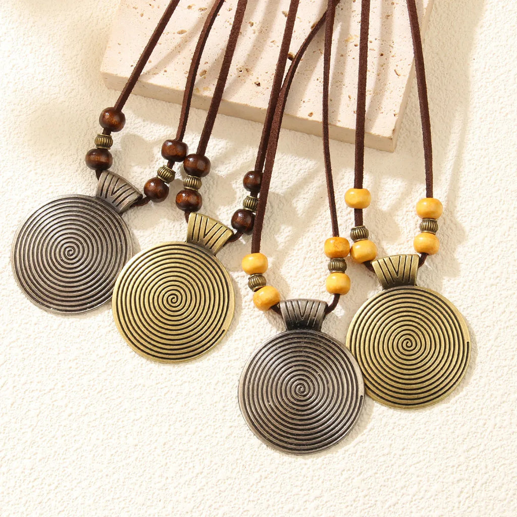 Alloy cowhide string ethnic pendant necklace with geometric auspicious pattern, 20CM drop, unisex Chinese style, bronze coffee beads