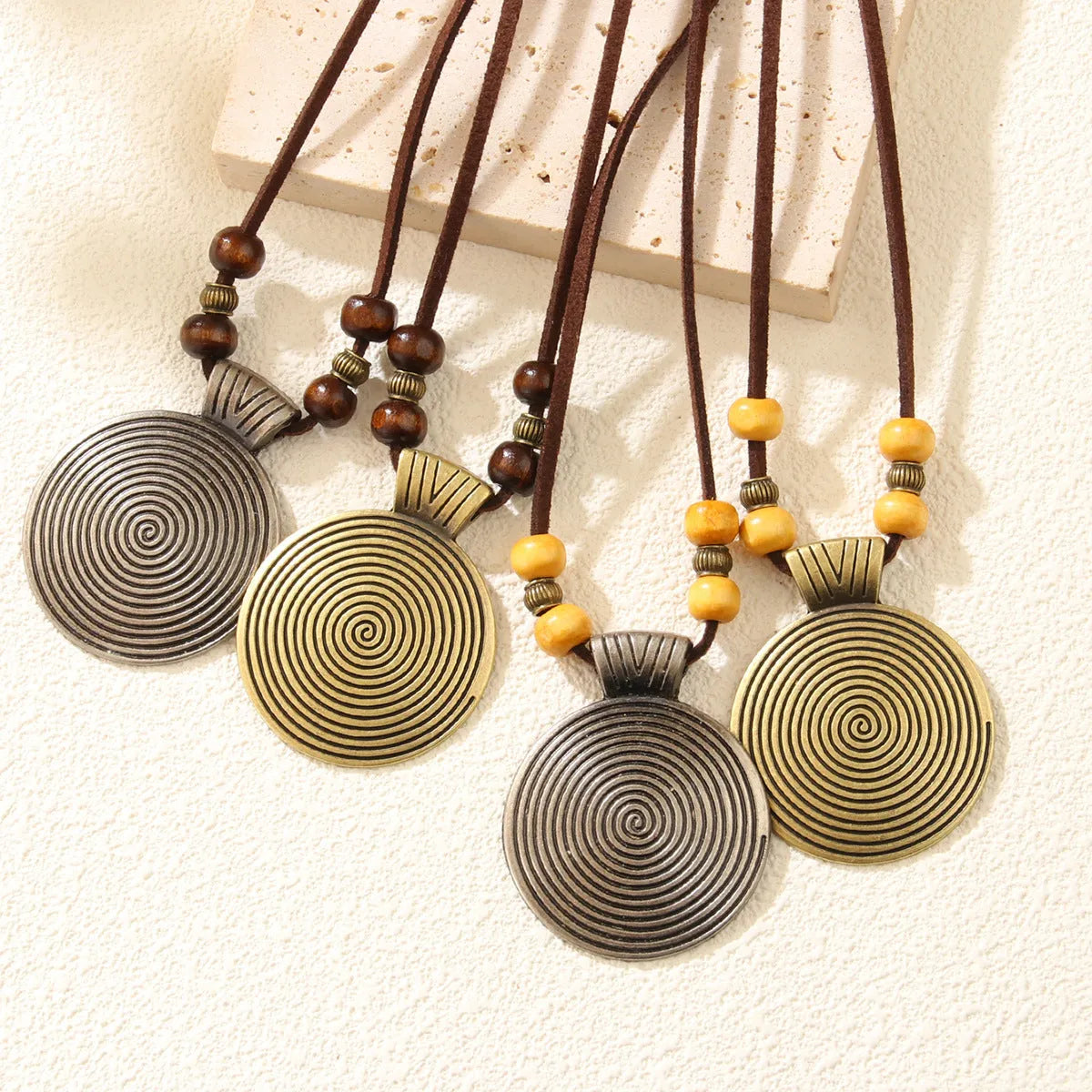 Alloy cowhide string ethnic pendant necklace with geometric auspicious pattern, 20CM drop, unisex Chinese style, bronze coffee beads