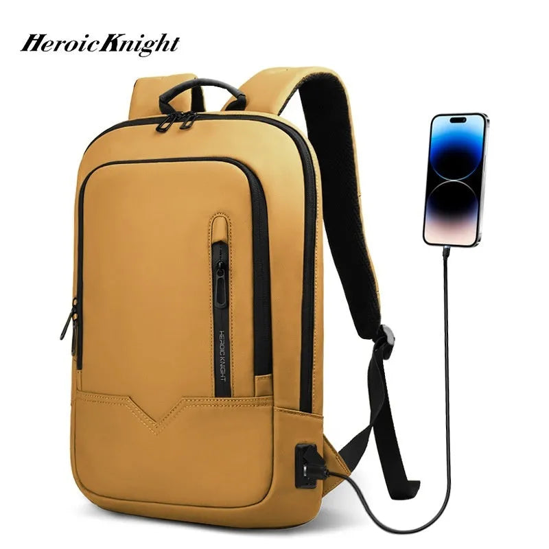 Solid colour polyester laptop backpack with USB charging port shown in olive green.
