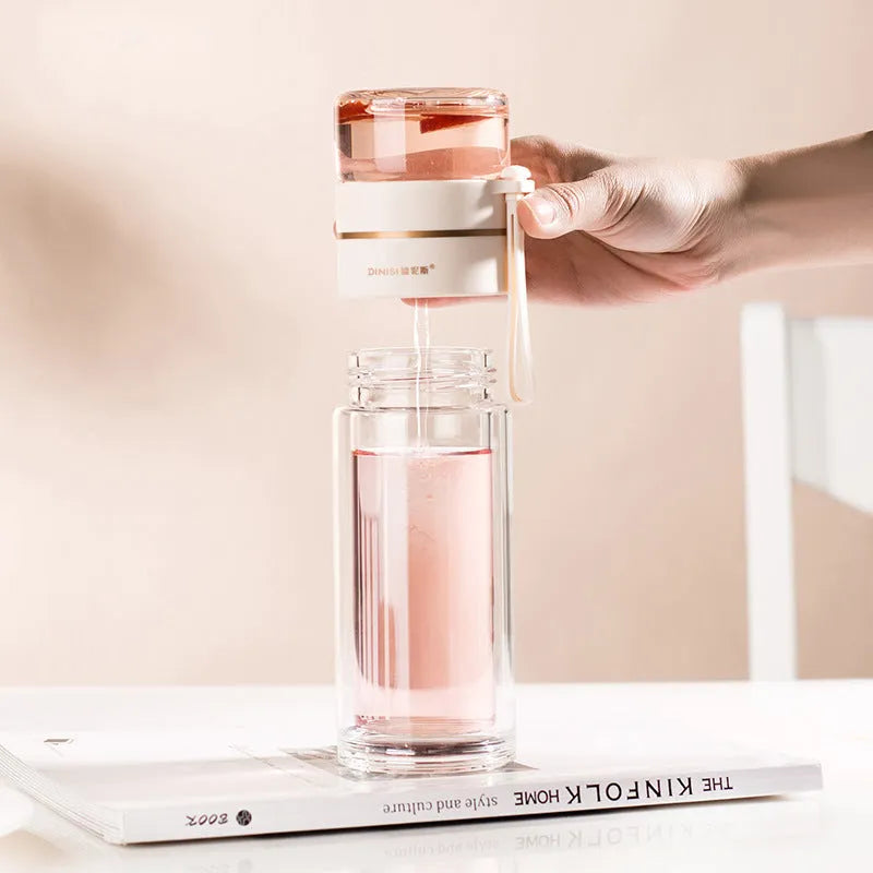 Double wall glass water bottle with tea infuser filter, leakproof, high borosilicate, stainless steel strainer, portable rope, 400ml