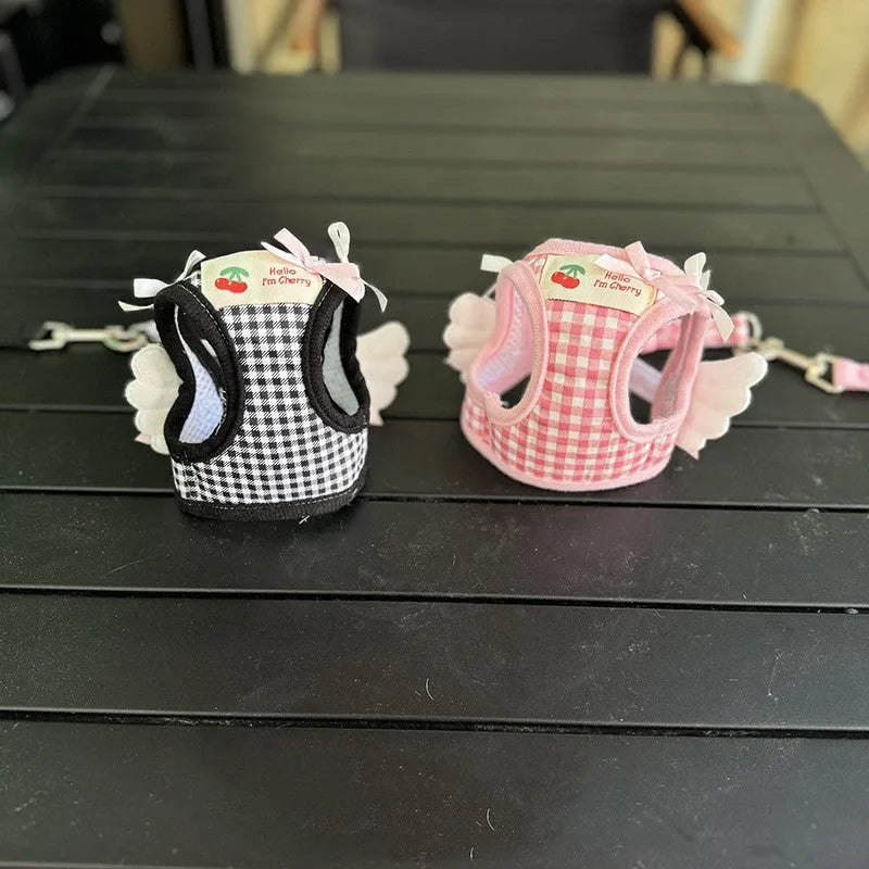Small dog harness with chest and back handles in cotton material, black or pink colour