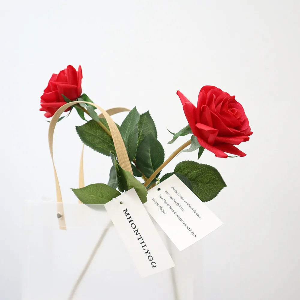 Artificial silk touch rose flower with red petals on a green plastic stem, showing approximate 42cm length.