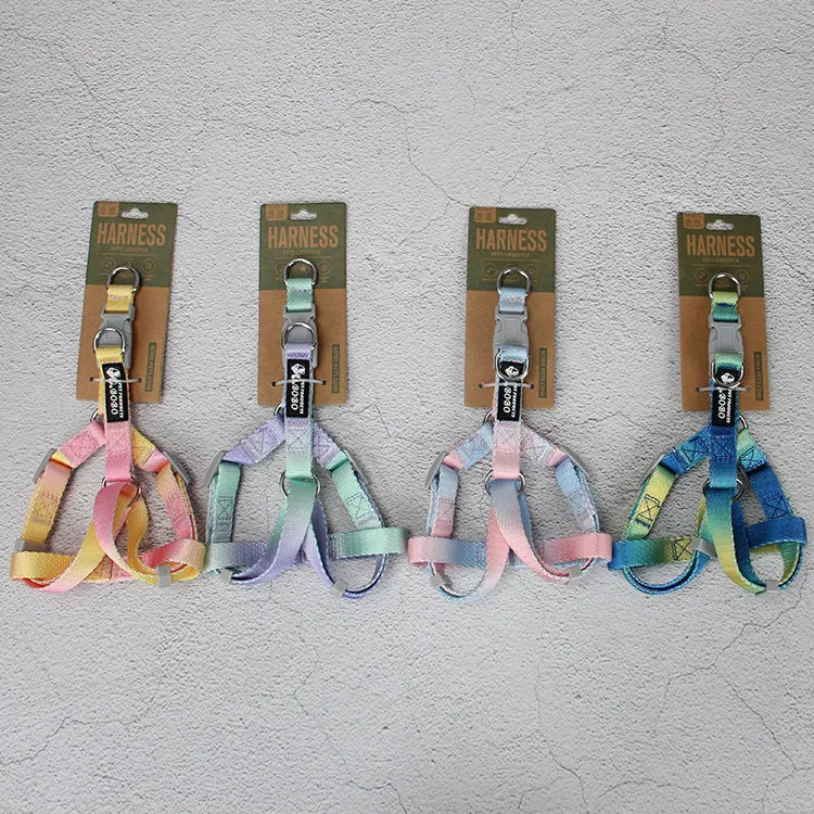 Gradient colour nylon pet leash set with dog collar and lead in pink blue yellow purple green combinations