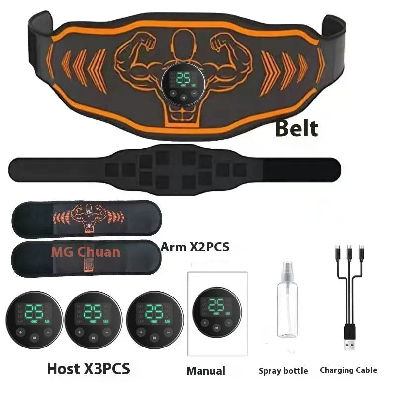 EMS smart massage fitness belt with rechargeable host unit in orange or blue colour options