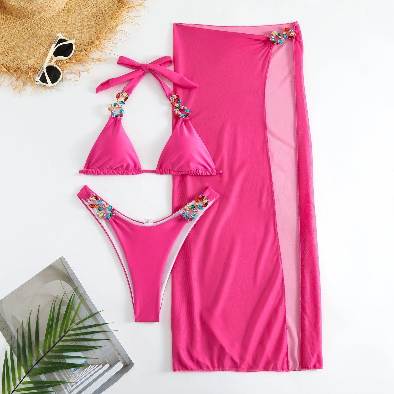 Light Diamond solid colour three-piece swimsuit bikini set with mesh skirt in rose red