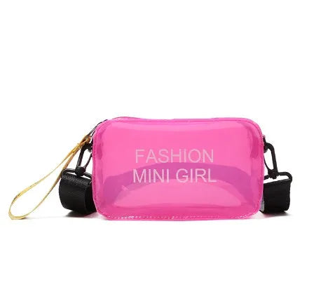Clear square jelly shoulder bag with adjustable strap in various colours on a white background.