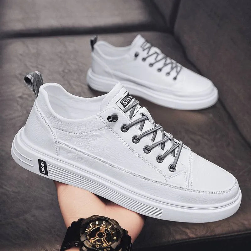 Men's white casual flat shoes with a PU upper and round toe, shown on a light background.