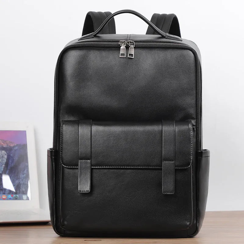 Black genuine leather men's computer backpack with a large main compartment.