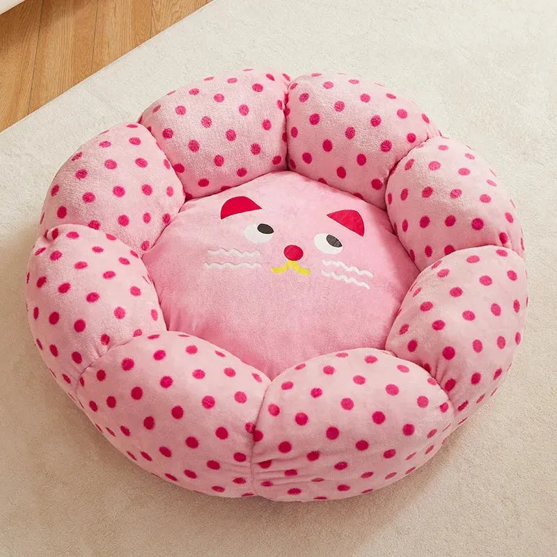 Pink dot circular cat bed showing two size options for pets up to 8 and 20 pounds