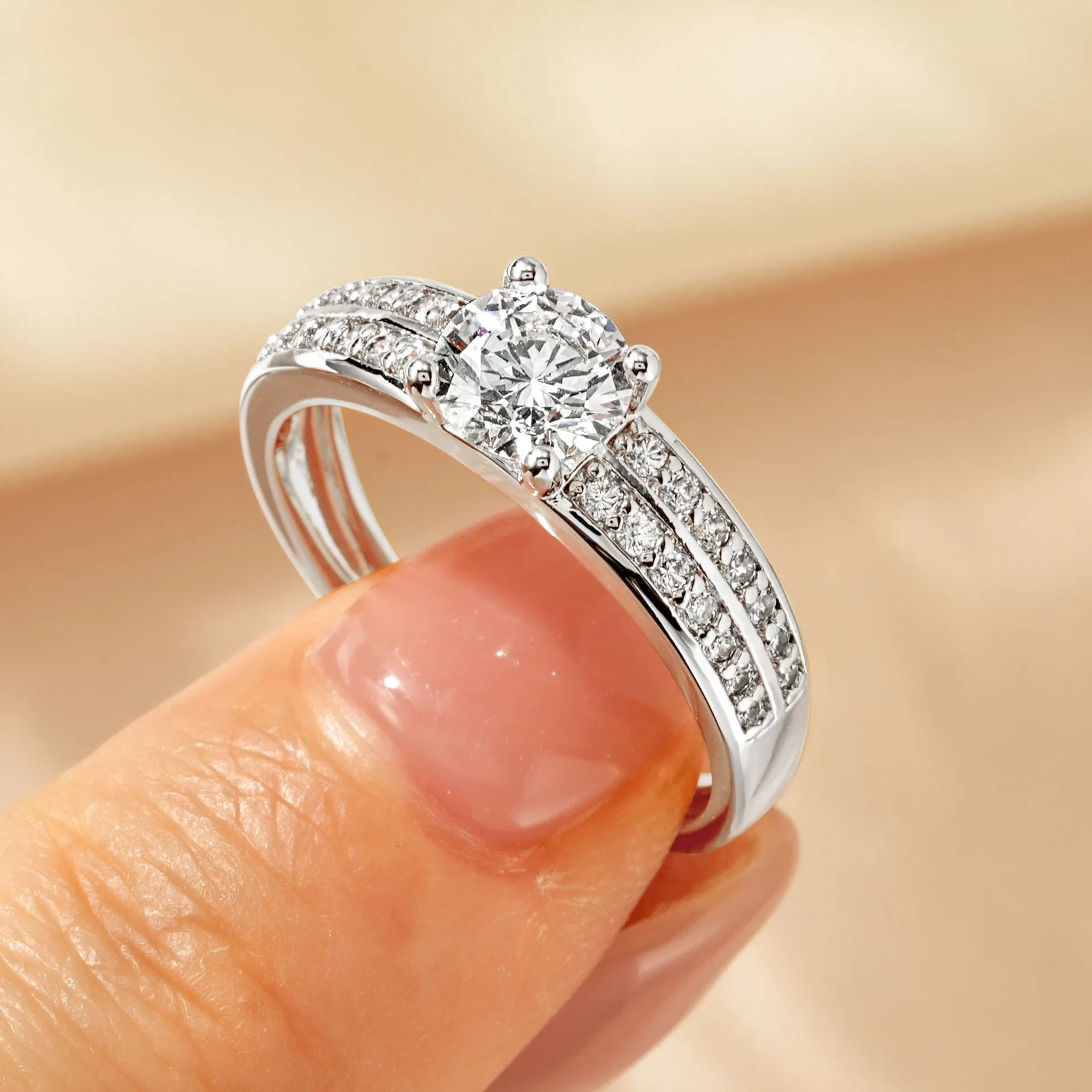 Women's electroplated zircon ring in copper with geometry shape and round design elements