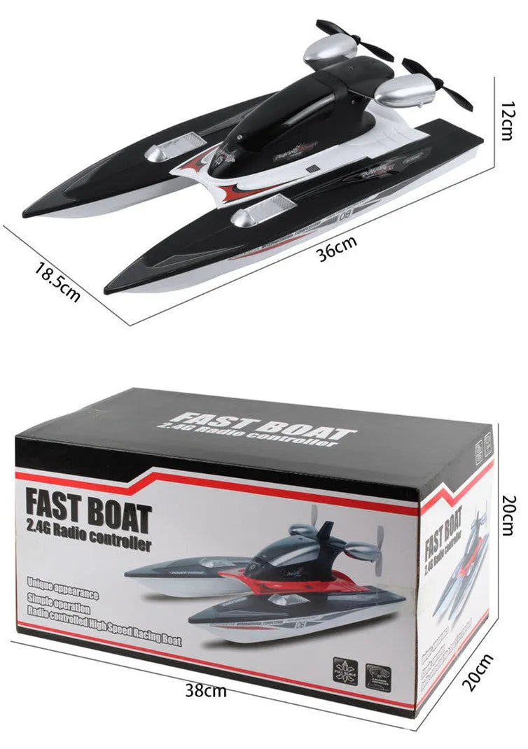 Black plastic high-speed 2.4G remote control toy boat with handle remote and spare propellers