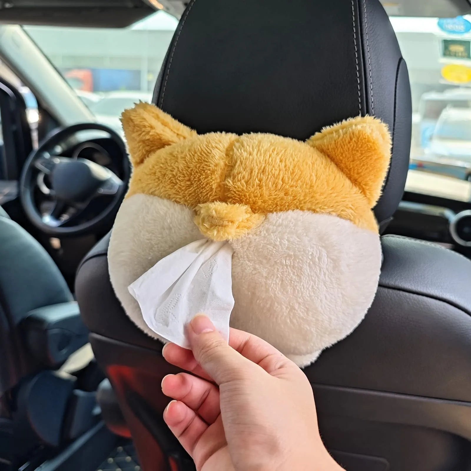 Yellow soft plush corgi butt shaped tissue box cover with elastic strap for car or home.
