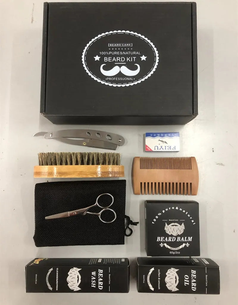 Men's beard grooming kit with beard roller, disinfectant, and SPF50 moisturiser in Suit series Style A packaging