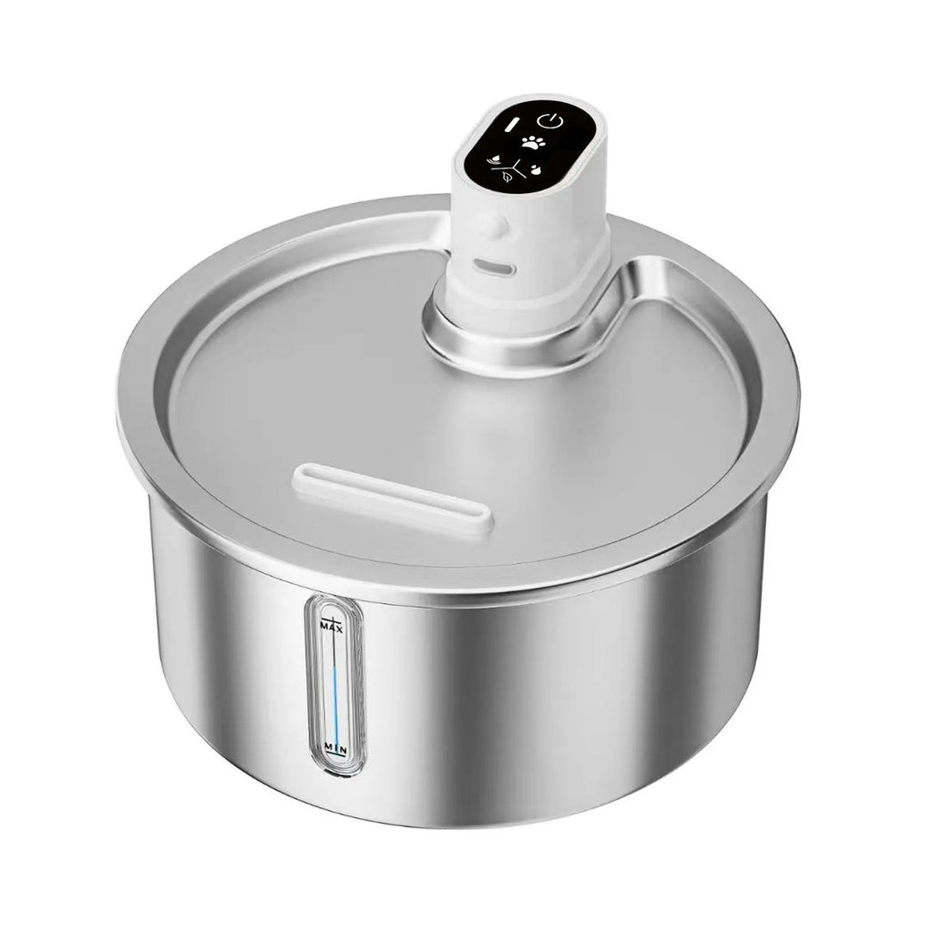 White heated pet water fountain for cats and dogs with stainless steel pump and temperature control base.