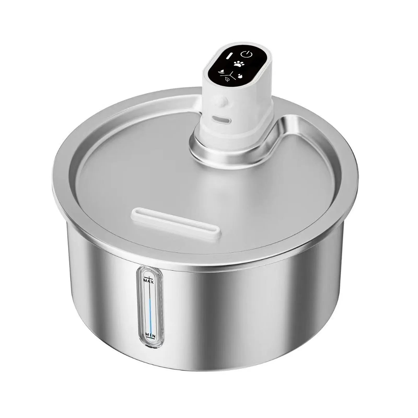 White heated pet water fountain for cats and dogs with stainless steel pump and temperature control base.
