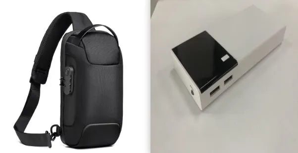 Black 20000mAh power bank with charging cable showing aluminium shell construction