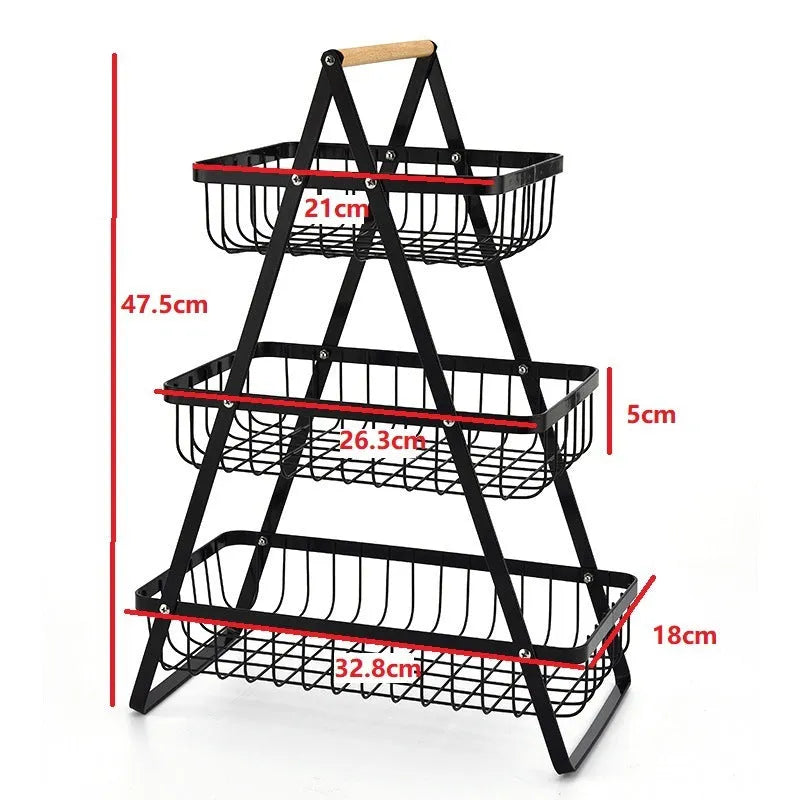Detachable double-layer iron fruit basket with wooden handle in black on a kitchen tabletop