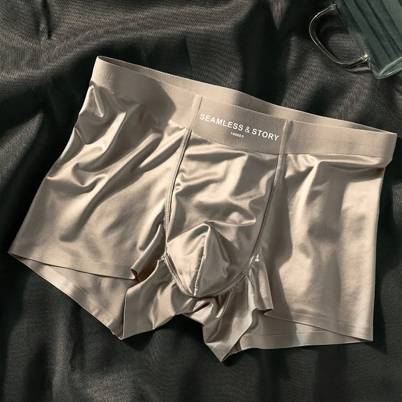 Men's satin ice silk underwear in mid waist design showing traceless construction