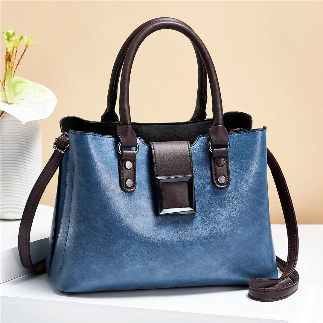 Large vertical square women shoulder bag with lychee pattern PU and gold-toned buckle in red