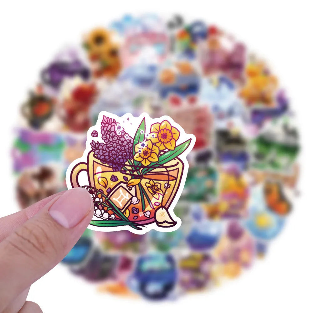Colourful tea cup design graffiti stickers 50-piece set for sports equipment and luggage customisation