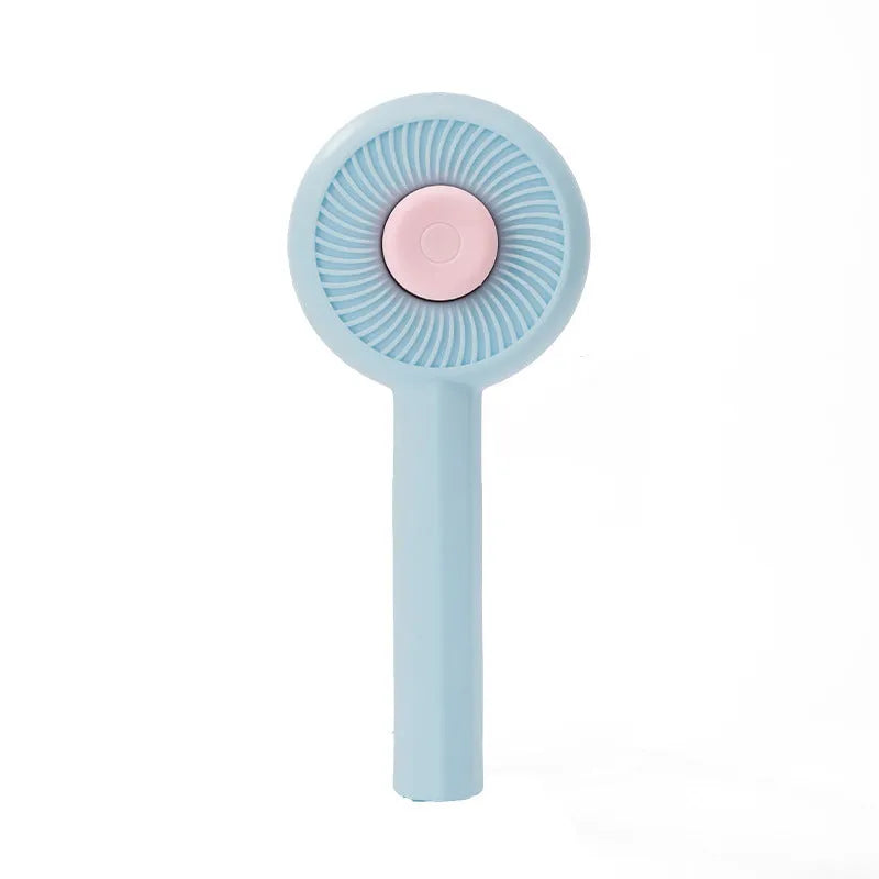 Blue pet grooming brush with self-cleaning button and angled metal pins for cats and dogs