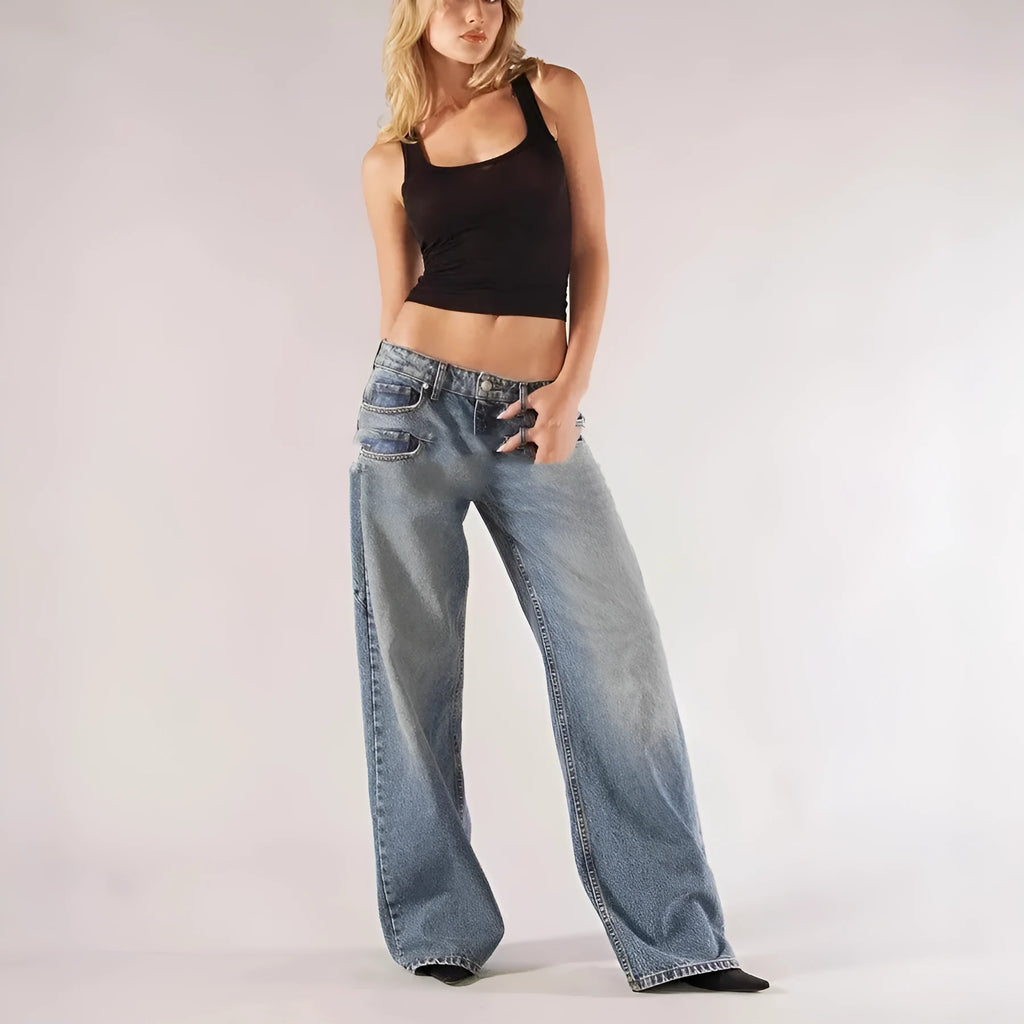 Loose straight wide leg cotton mop trousers in blue with low waist and splicing detail