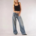Loose straight wide leg cotton mop trousers in blue with low waist and splicing detail