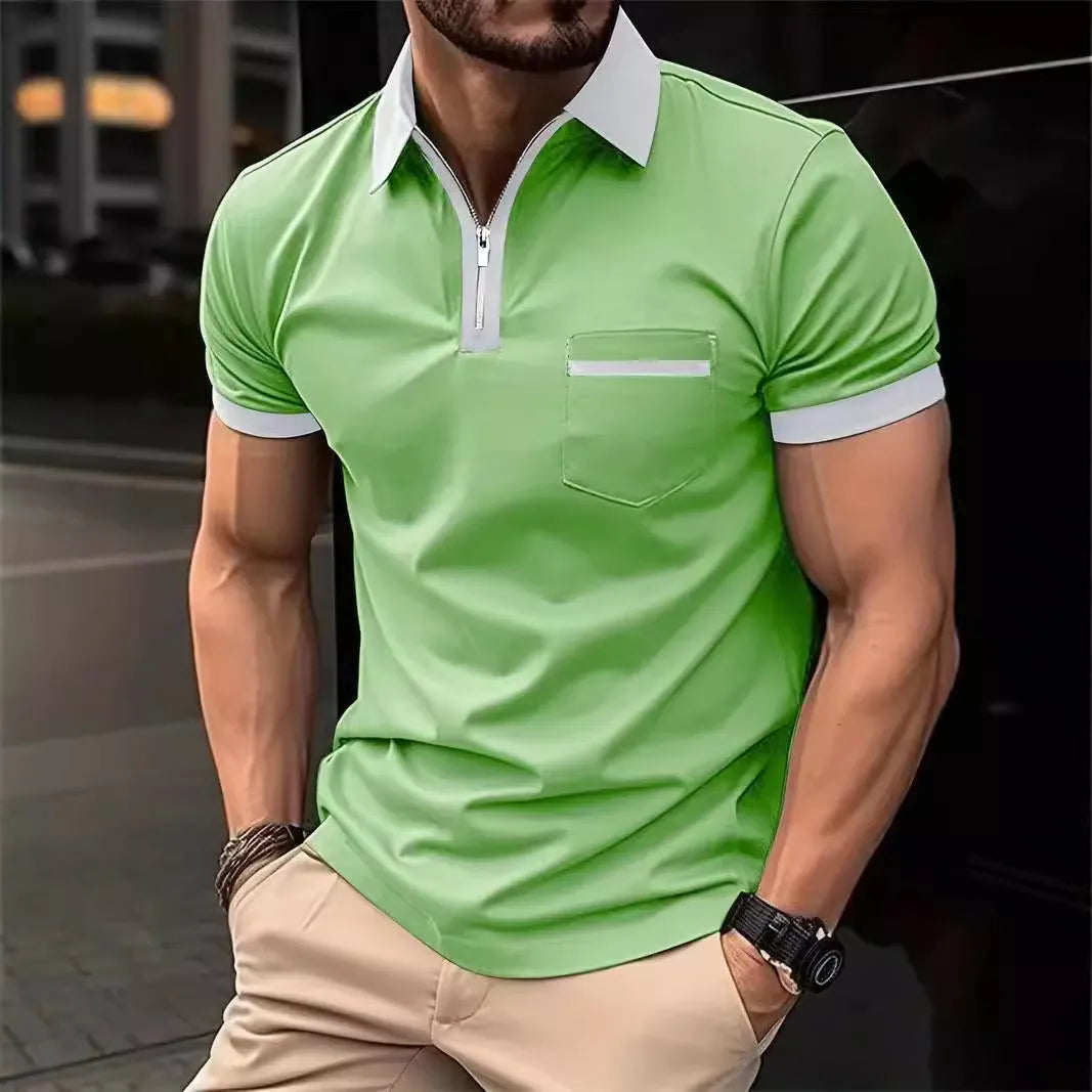 Men's loose-fit casual short-sleeve shirt with a zipper on the chest pocket, shown in a two-tone colour option.