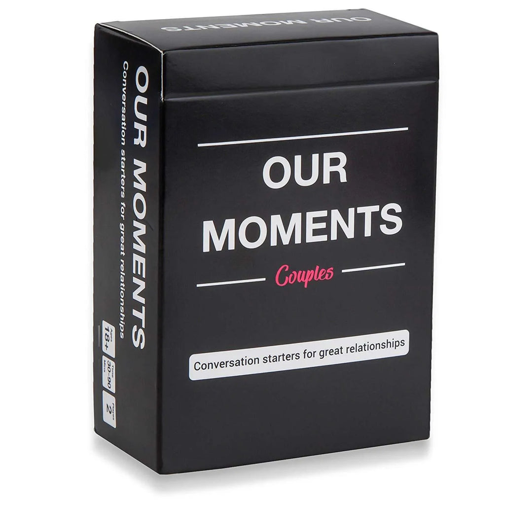 Black presentation box containing Our Time Lovers Edition communication cards for couples