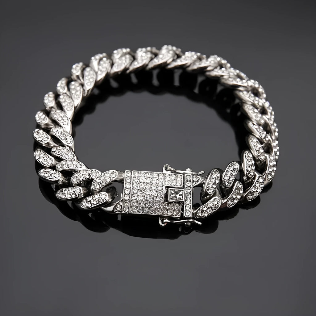 Cuban bracelet diamond link chain unisex hiphop jewellery alloy 21cm gold silver