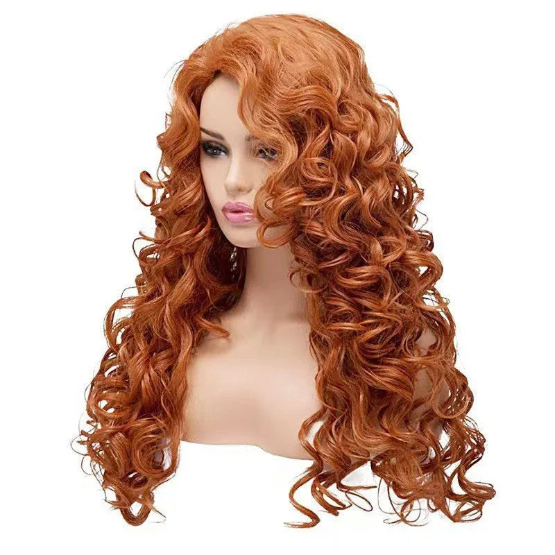 Brown long wavy curly cosplay wig with fluffy texture on display head
