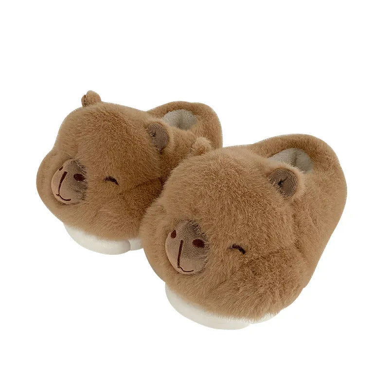 Light brown women's winter slippers with artificial wool lining and cartoon pattern