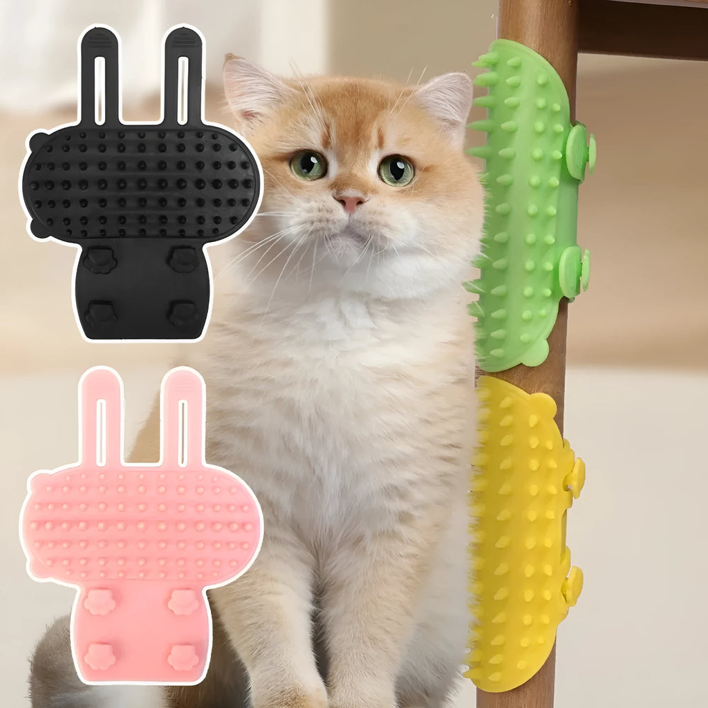 Silicone pet massage comb with adjustable strap attached to table leg