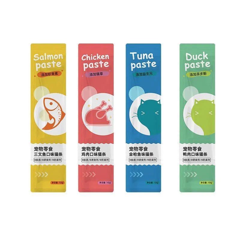 Pack of 10 soft moist cat treat strips in four flavour varieties.