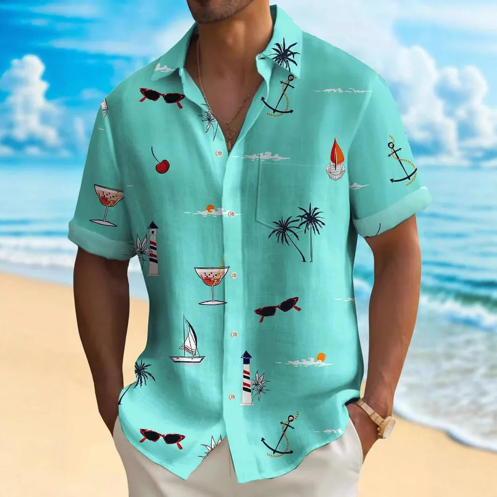 Man wearing a loose-fit digital print Hawaiian shirt in a vibrant colour.