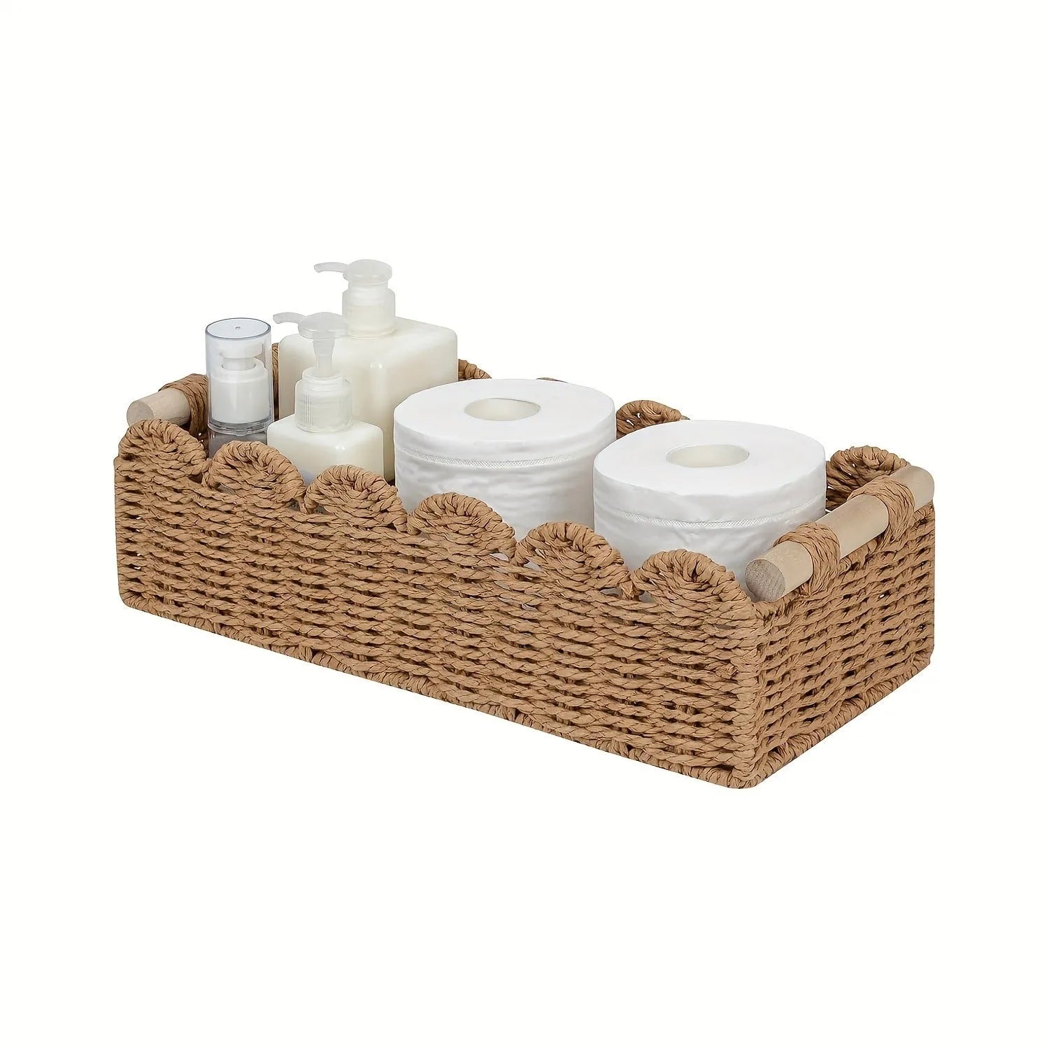 Woven paper storage basket in rectangular shape for desktop organisation
