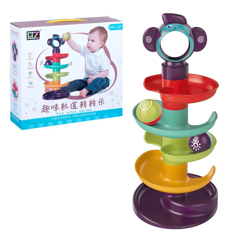 Children's plastic slide rotating music building blocks set with railway Jenga style, 28 × 9 × 27cm, colour box packaging