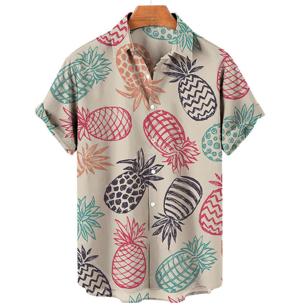 Men's casual fruit print Hawaiian shirt in apricot with short sleeves and lapel collar