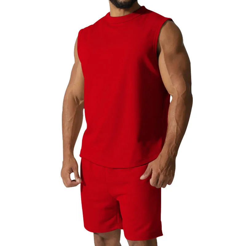 Men's sleeveless cotton blend sports top and matching shorts casual set in army green.