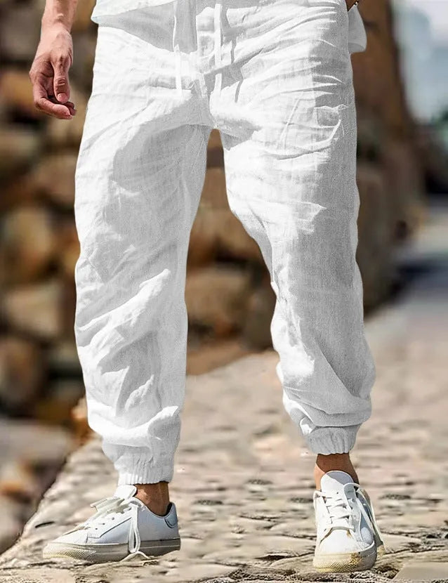 Men's straight leg linen trousers in Army Green with elastic waistband
