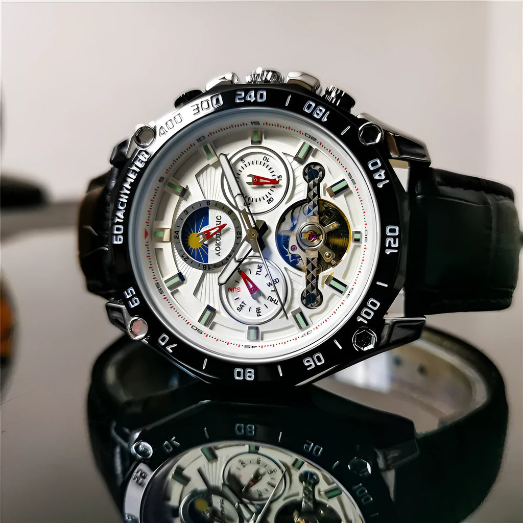Men's automatic mechanical watch showing 12mm thickness and multiple colour options including silver, black steel, and black with gold