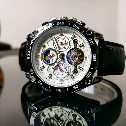 Men's automatic mechanical watch showing 12mm thickness and multiple colour options including silver, black steel, and black with gold