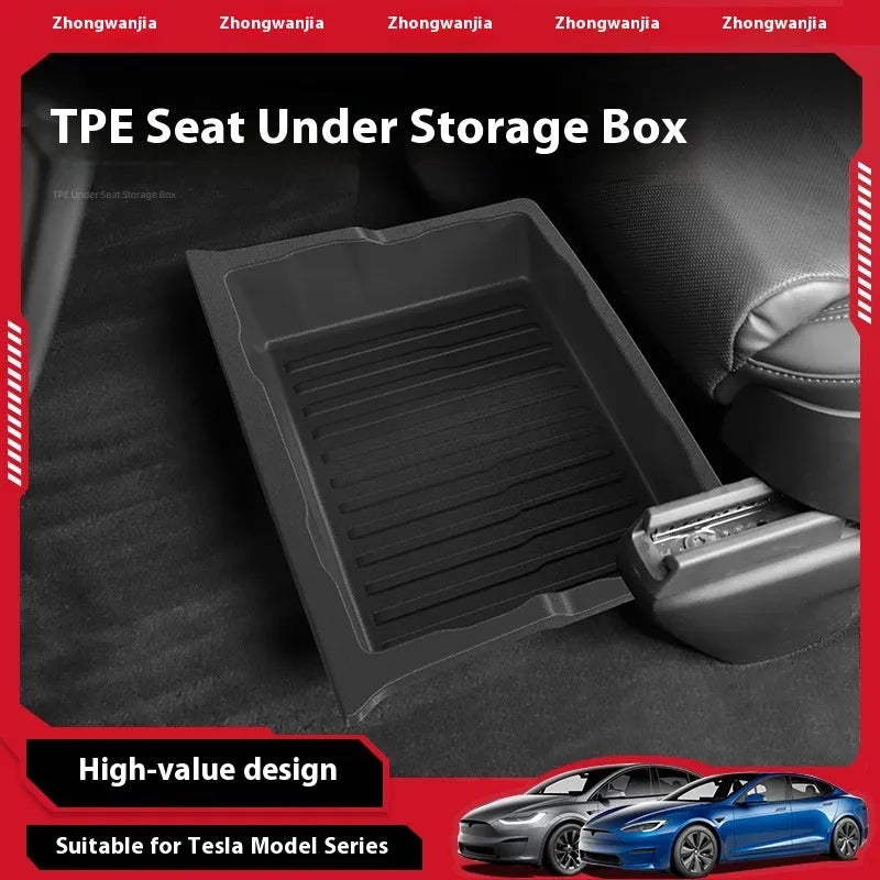 Black TPE under-chair storage box for Model Y with push-pull lid