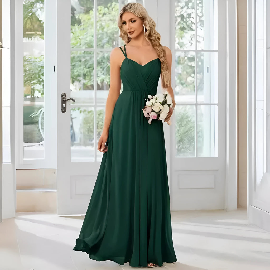 Women's long pleated A-line sleeveless dress in light green solid colour