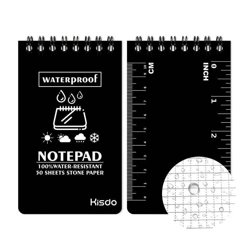 Spiral-bound waterproof office notepad showing stone paper pages and PP cover in camouflage pattern