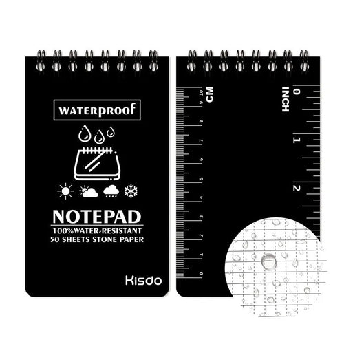 Spiral-bound waterproof office notepad showing stone paper pages and PP cover in camouflage pattern