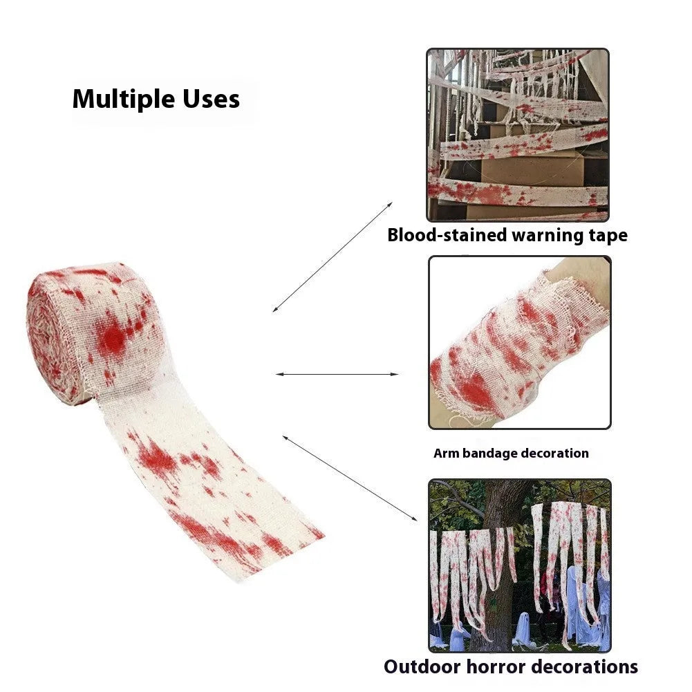 Roll of polyester Halloween horror bandage in bloody cloth red colour, 8cm wide