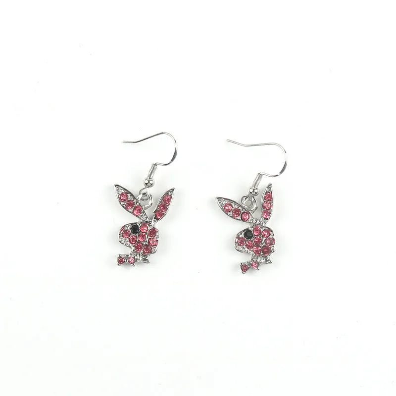 Rabbit-shaped stud earrings with diamond design in silver, pink, and gold alloy