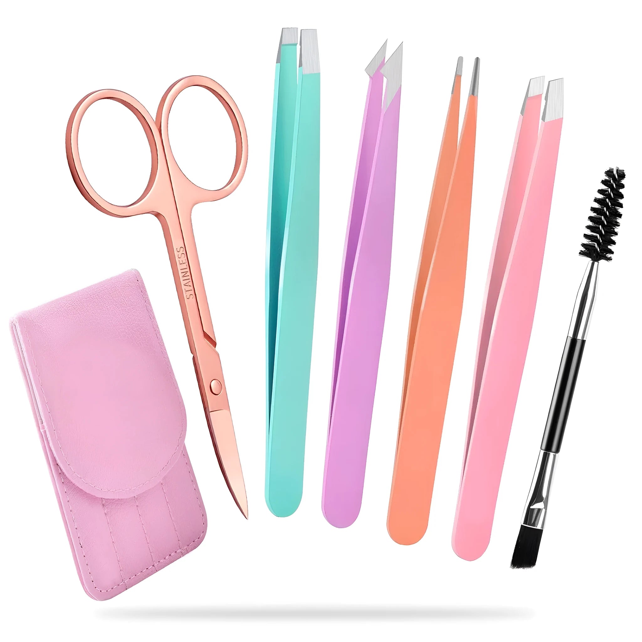 Professional six-piece stainless steel eyebrow tweezers set with curved scissors and leather case.
