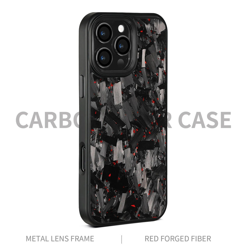 Black frame blue gold metal and carbon fibre protective case for iPhone 17 with a magnetic feature and forged pattern design.
